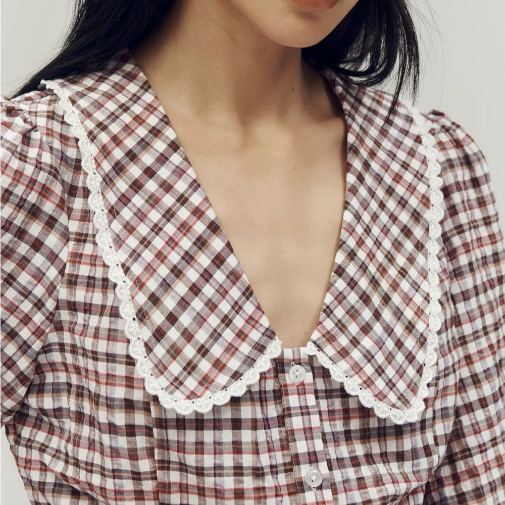 Maeve by Anthropologie Plaid Collared Puff Sleeve Blouse XS NWT
